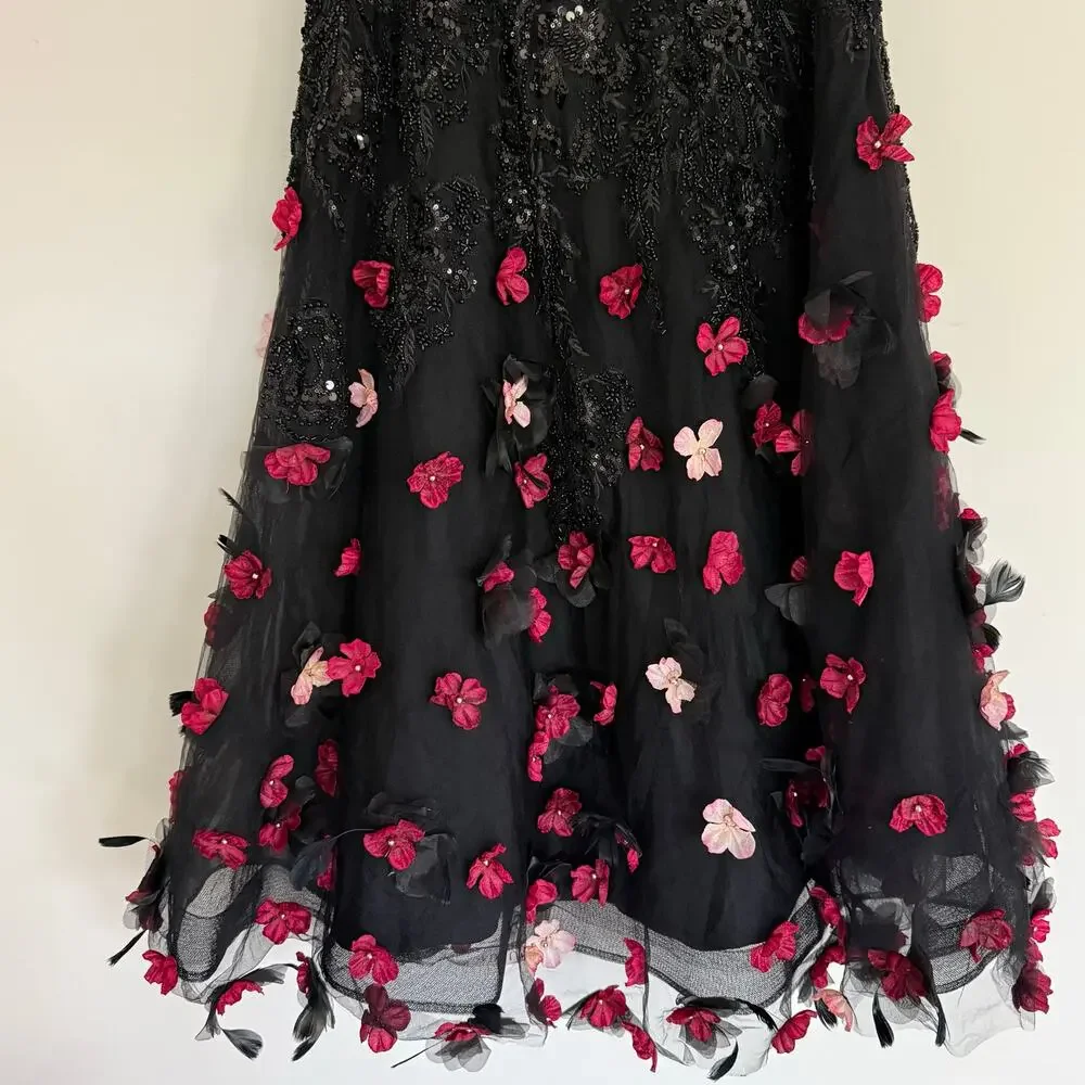 NEW Mag Duggal Sequin Floral Appliqué 3D FlowersBlack Midi Dress Size 10 - Picture 8 of 15